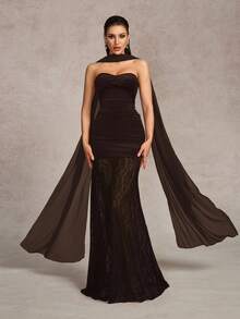 Coutiva Damen Abendkleid mit einfarbigem gerafftem Kontrast-Spitzenbesatz am Fischschwanzsaum (verziert), Valentinstag - Braun - Übersicht 6