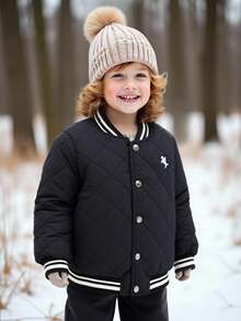 SHEIN Young Boys Padded Jacket Bomber Coat, Stylish Design For Kids, Suitable For Birthday Party, Evening Party, Performance, Wedding, Baby Shower, School, Spring/Autumn/Winter Boys Black Quilted Bomber Jacket Kids Black Puffer Jacket Boys Quilted Jacket Toddler Boy Black Jacket Boys Black Snap Button Jacket Fall - Black - View 2