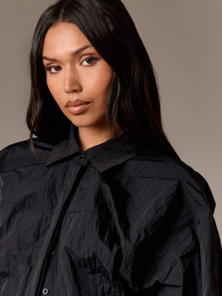 Cropped Balloon Sleeve Button Down Shirt