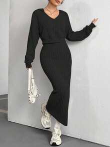 Flirla Solid Color V-Neck Ribbed Knit Long Sleeve Top And Skirt Set - Black - View 4