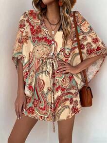 SHEIN LUNE Vestido recto holgado de manga murciélago con cuello en V y estampado de plantas para mujer en vacaciones de verano