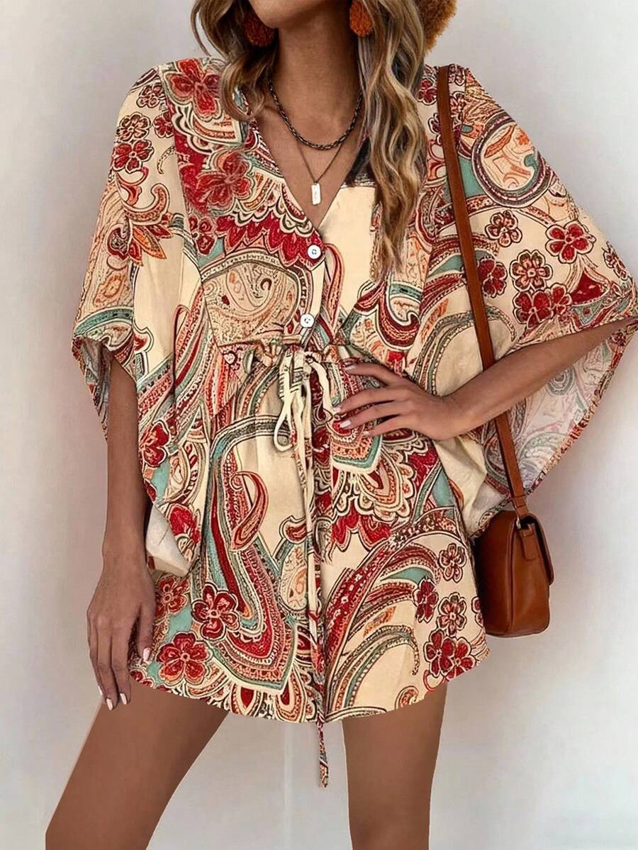 SHEIN LUNE Vestido recto holgado de manga murciélago con cuello en V y estampado de plantas para mujer en vacaciones de verano