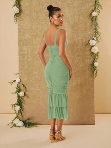 Hauture Elegant Party Solid Color Ruched Fitted Mermaid Dress - Pastel Green - View 3
