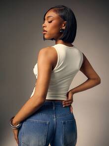 Denimoi Studded Round Neck Fashionable Sleeveless Top - Beige - View 5