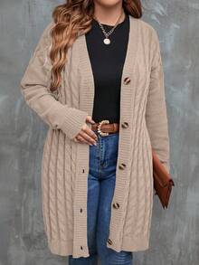 EMERY ROSE Áo khoác len cardigan dệt kim dài tay dáng rộng, dày dặn, thường ngày, cỡ lớn dành cho nữ, cài nút, hai túi, dây rút màu đen, dệt kim họa tiết, áo khoác len đa năng mặc hàng ngày - Màu be - Xem 6