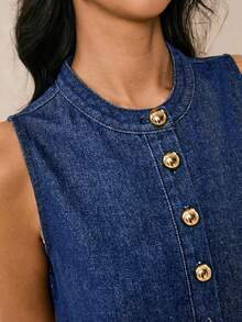 Poéselle 新款女式牛仔连衣裙半开襟无袖A字直筒连衣裙蓝色秋季服装法式休闲女士休闲连衣裙度假连衣裙返校节连衣裙外出连衣裙老款连衣裙返校生日女士连衣裙女士教师装 - 深色水洗藍 - 查看 9