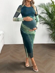 Cheriluna Maternity Pregnant Women's Long Sleeve Round Neck Mesh Contrast Dress, Casual & Holiday For Maternity - Multicolor - View 6