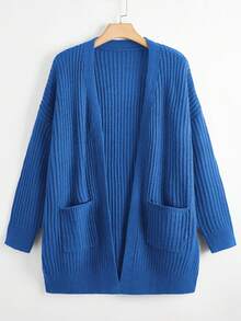 EMERY ROSE Plus Size Casual Solid Color Double Pocket Cardigan, Autumn/Winter