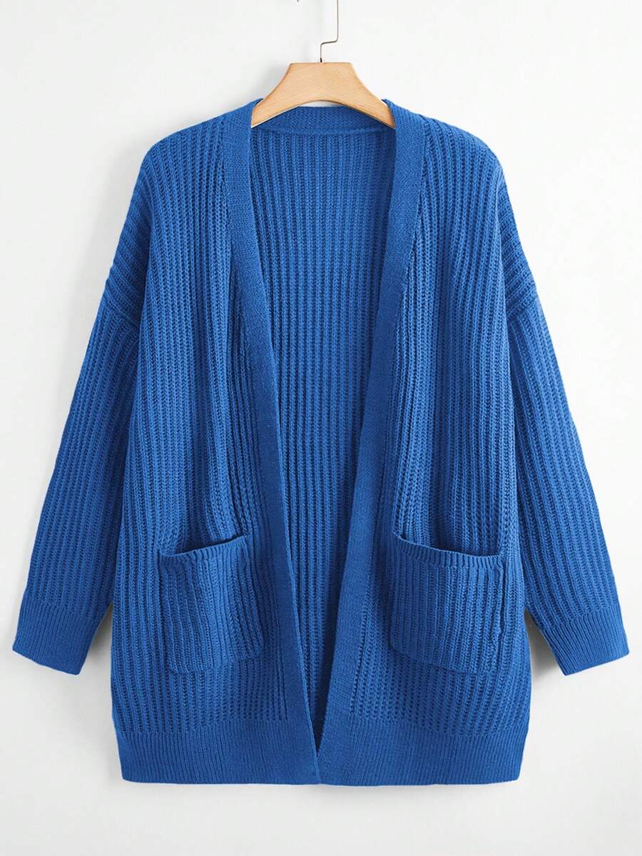 EMERY ROSE Plus Size Casual Solid Color Double Pocket Cardigan, Autumn/Winter