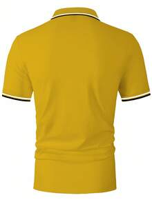 Calvornis Stylish Men's Yellow Short Sleeve Polo With Contrast Stripe Detail On Collar Casual Fabric Top Golf Shirt For Men Men Clothes Yellow