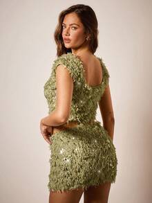 COSMINA 2 peças de roupa de festa feminina elegante com lantejoulas peludas, adequada para o início do outono - Verde - Ver 2