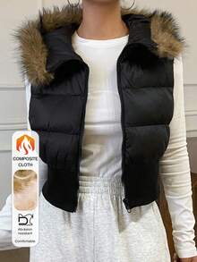 Livesso 拼布毛领短款棉衣背心冬季夹克背心 - 黑色 - 查看 2