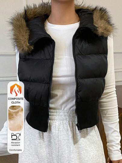 DAZY Patchwork Fur Collar Short Padded Vest Winter Jacket Vest Women Coats