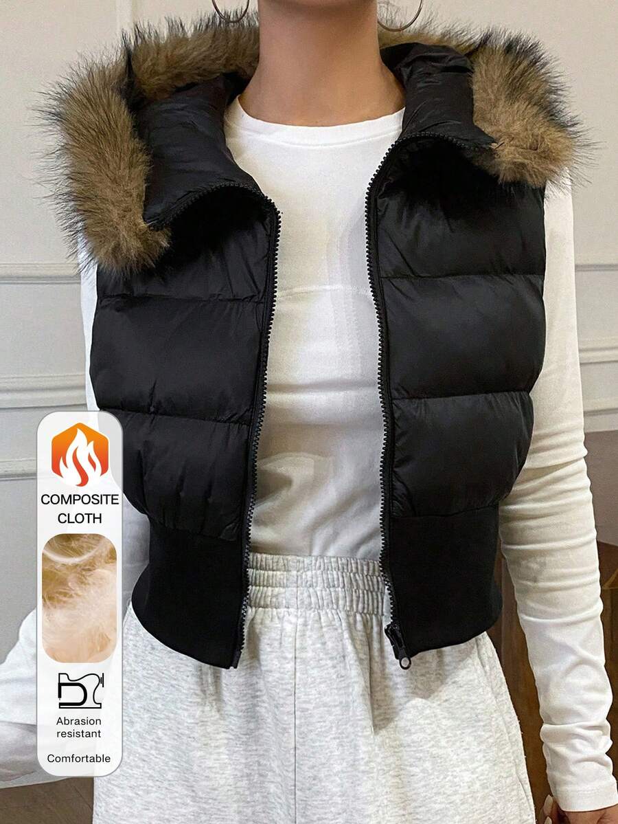 DAZY 拼接毛领短款加厚背心 冬季外套 女式背心 - 黑色 - 查看 1