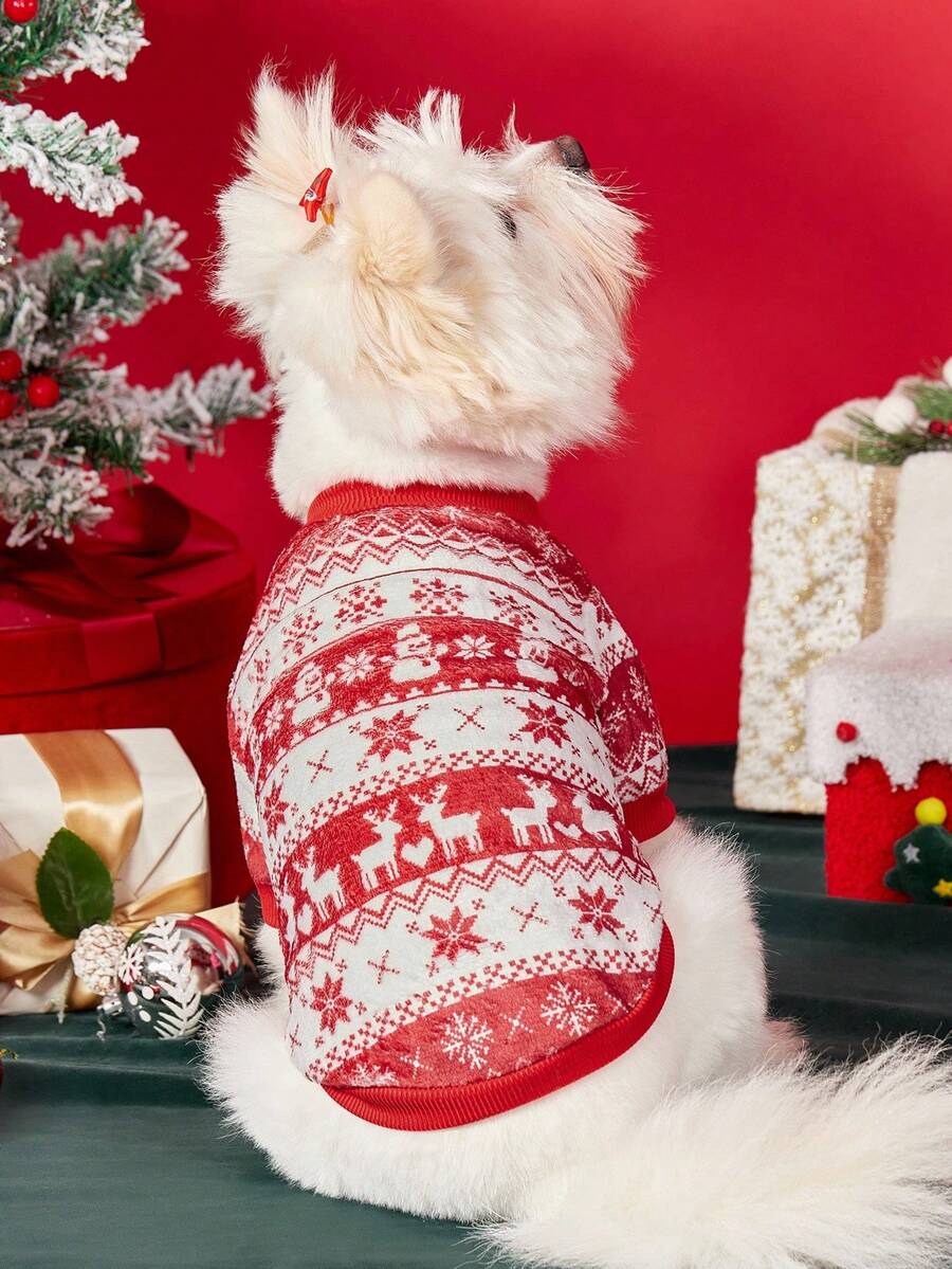 PETSIN 1 Pet Christmas Cat Dog Universal Red Geometric Snowflake Reindeer Snowman Fair Island Pattern Print Plush Warm And Comfortable Dog Christmas Hoodie