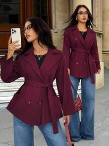 SHEIN PETITE 秋冬女款勃艮第大衣 / Y2k / 优雅 / 勃艮第长袖 / 圣诞节 / 新年 / 节日派对女款大衣 / 勃艮第风衣 / 节日 / 新年 / 宽松大衣 / 勃艮第正装大衣 / 节日女款 / 圣诞大衣 / 新年前夜 / 勃艮第大衣 / 勃艮第夹克 / A 字形 / 派对勃艮第风衣 / 长袖大衣 - 酒紅色 - 查看 1