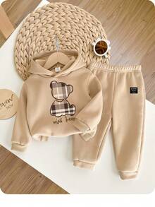 男婴休闲简约卡通熊图案针织柔软宽松连帽运动服，适合秋冬季