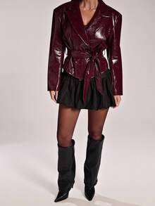 SHEIN BAE Women's Solid Color PU Leather Long Sleeve Belted Fashion Jacket, Autumn,Winter ,Women's Winter Jacket ,Burgundy Jacket,Elegant Jacket For Women Leather Jacket For Women,Red Leather Jacket,Fall