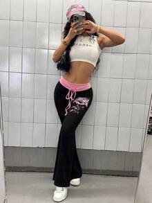 StreetHx 女式拼色图案印花喇叭裤朋克风