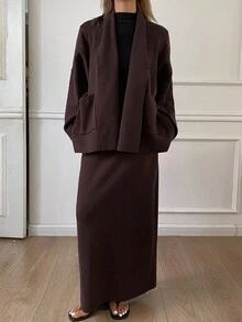 Livesso 2pcs/Set Women Loose Casual Brown Sweater Set, Autumn/Winter - Brown - View 1