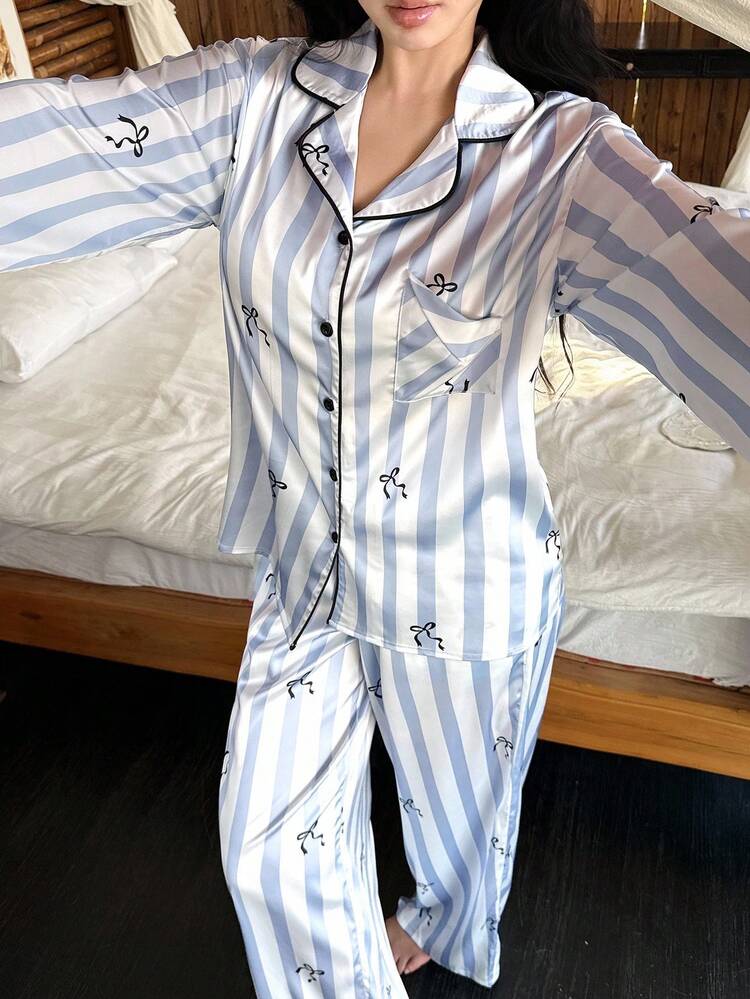 Striped Bow Print Satin Contrast Trim Women Pajama Set, Fall Clothes