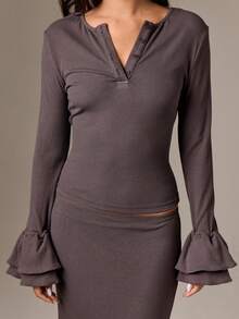 AiiRZ Cotton Women Henley Neck Ruffle Bell Sleeve Crop Top With Side Split Maxi Skirt Co-Ord Set Evening Party Ribbed Two Piece Fall Winter Outfit - Grey - View 4