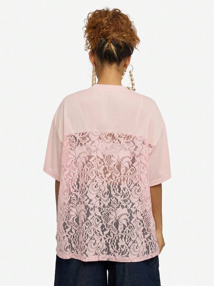 SUMWON Lace Panelled Jersey Top With V-Neck And Short Sleeves