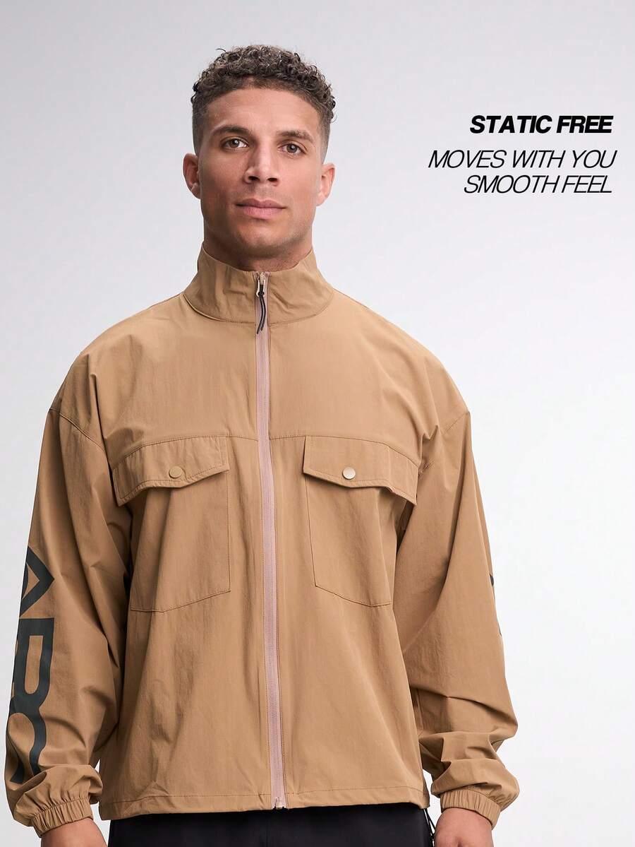 Letter Print Stand Collar Pocket Zip-Up Long Sleeve Jacket - Yellow - View 1