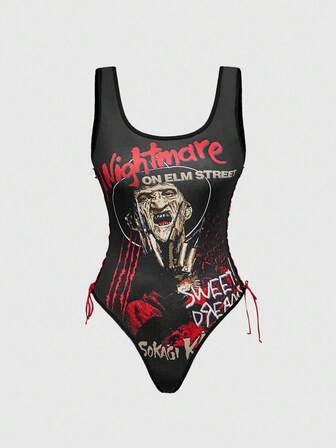 A Nightmare on Elm Street X ROMWE Horror Movie Figure & Letter Graphic Sexy Bodysuit