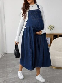 SHEIN 孕妇蓝色无袖褶皱荷叶边下摆休闲宽松牛仔连衣裙 - 藍色 - 查看 4