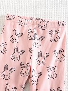 Cozy Pixies Conjunto de 2 piezas de sudadera y pantalones con cuello redondo, hombros caídos y estampado de conejo de dibujos animados para bebé niña - Rosa - Ver 3