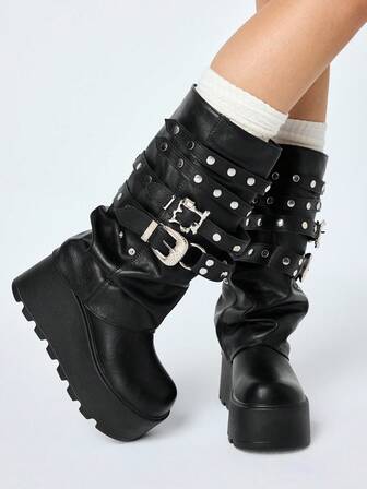 Grunge Punk 2025 Autumn/Winter New Arrival Round Toe Thick Sole Punk Style Rivet Buckle Strap Leg Leather Outdoor Fashion Slip-On Mid-Calf Boots