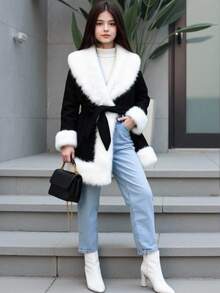 SHEIN 1pc Girls Soft Fur Collar Belted Elegant Jacket, Suitable For Autumn Fall Winter - Black - View 3