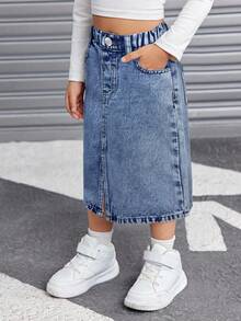 SHEIN Young Girl Casual Denim Skirt With Belt Loops, Fashionable & Versatile Fall Winter