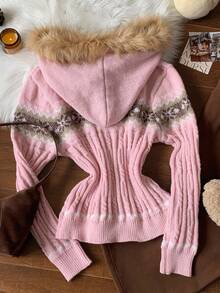 Comfortcana 秋冬女款几何图案扭花连帽拼布羊毛领连帽开衫 - 粉色 - 查看 2