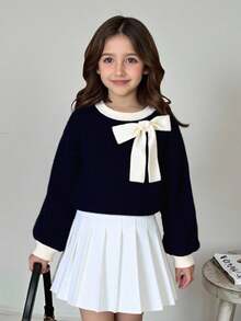 Girls' Bowknot Cropped Round Neck Pullover Sweater, Cute & Sweet Fashion Chunky Knit Fall Winter - Black - View 1