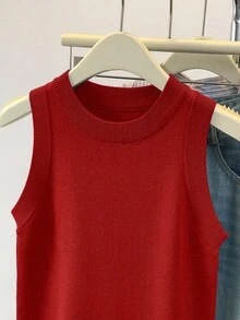 SHEIN Áo len cổ tròn không tay đơn sắc, thoải mái, đa năng dành cho nữ - Màu Đỏ Sâu - Xem 4