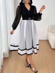 SHEIN Lady Váy dài tay cổ chữ V màu tương phản cho nữ - Đen và trắng - Xem 4