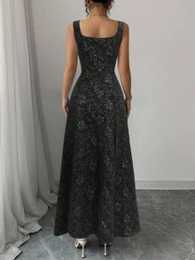 Elenzga New Design Women's Wide Strap Torn Textured Floral Woven Fabric Fitted Mid-Length Dress, Elegant Sophisticated Young Lady Versatile, Flattering And Slimming - Black - View 2