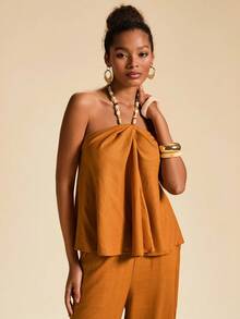 Travachic 女士度假休闲露背吊带上衣和裤子两件套 - 卡其色 - 查看 7