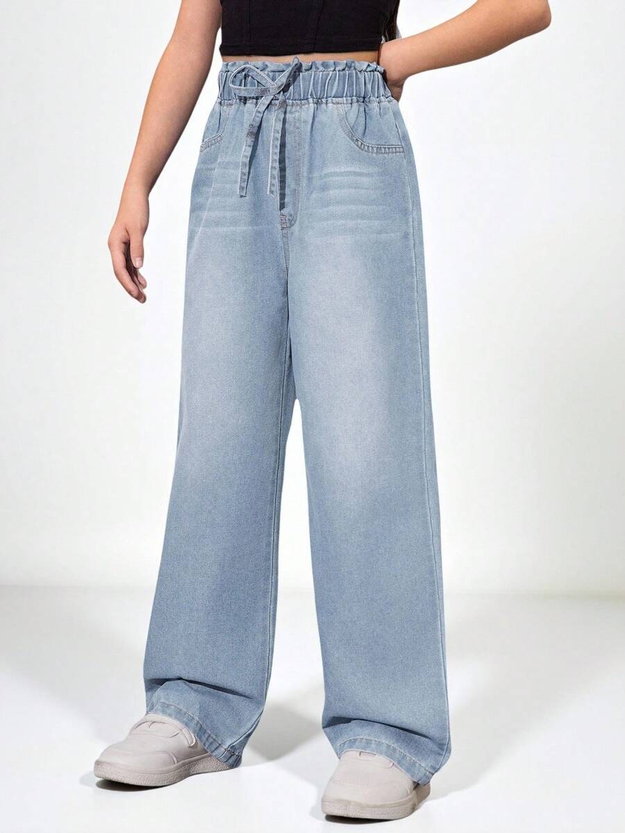 SHEIN Tween Girl Fashionable Wide Leg Jeans, Simple And Versatile, School, Campus, College Summer Holiday - Light Wash - View 1