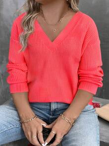 EMERY ROSE 女式 V 领多层霓虹色长袖加大码 T 恤，秋冬 - 紅色 - 查看 3