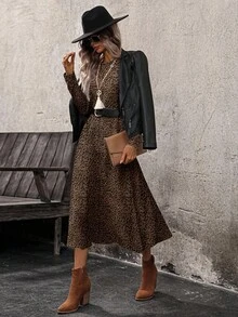 EMERY ROSE 女士圆领长袖迷你豹纹棕色长裙，秋冬 - 彩色 - 查看 3