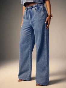 Denimoi Women Ombre Drawstring Waist Straight Leg Jeans - Light Wash - View 4