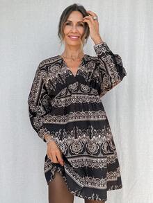 Livesso Women's V-Neck Waist Cinched A-Line Long Sleeve Midi Dress - Black and White - View 6