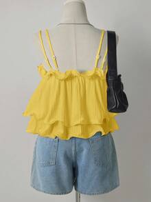 INAWLY Camiseta sin mangas de unicolor con volantes en el bajo para vacaciones de verano - Amarillo - Ver 2