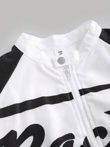 SHEIN Tween Boy Racing White,Autumn,Street Life Casual Graphic Street Fashion,School,Back-To-School Letter Zip-Up Stand Collar Short Racer Jacket - Black - View 7