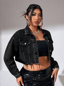 SHEIN ICON Plus Size Casual Washed Frayed Hem Cropped Denim Jacket - Black - View 5