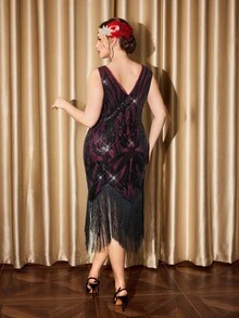 Vintamour 大码女式 20 世纪 20 年代派对复古优雅串珠刺绣紧身流苏 V 领无袖鸡尾酒会连衣裙，节日修身裙 - 黑色 - 查看 2