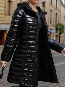 SHEIN 1 Áo khoác có mũ trùm đầu, dáng dài vừa phải, đệm lót cho bé gái tuổi teen, chất lượng cao, thời trang, phù hợp cho mùa thu/đông - màu đen - Xem 5